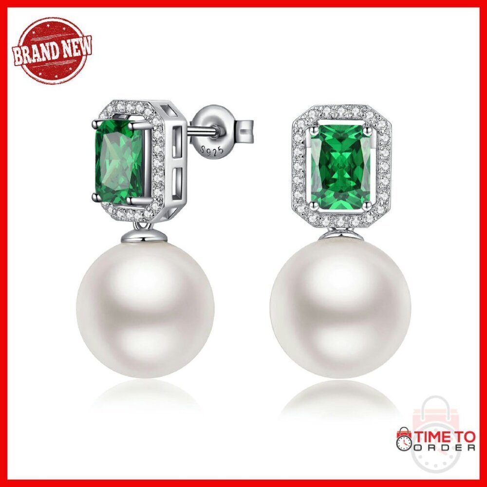 12MM Pearl Sterling Silver Halo Stud Dangle Earrings